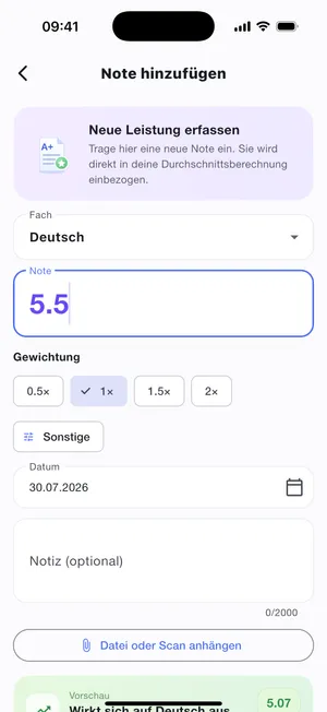 Note erfassen: Wert, Faktor, Datum und Auswirkungsvorschau